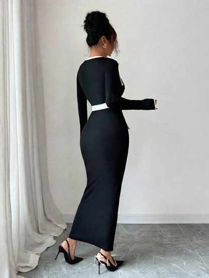 Élise Luxe™ High-Waist Colorblock Midi Dress – Elegant Slim Fit Knit