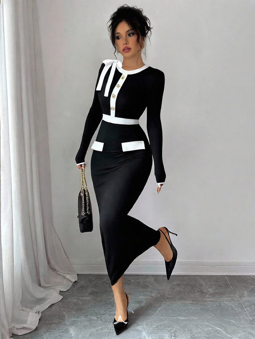 Élise Luxe™ High-Waist Colorblock Midi Dress – Elegant Slim Fit Knit