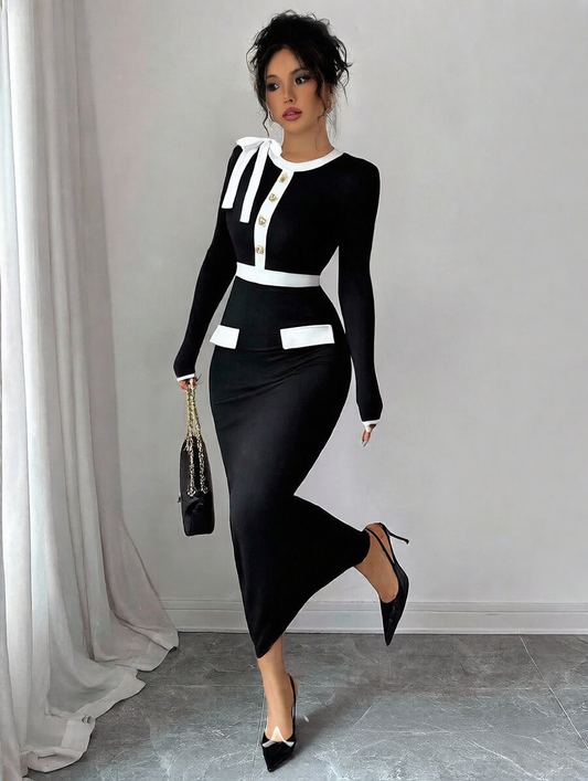 Élise Luxe™ High-Waist Colorblock Midi Dress – Elegant Slim Fit Knit