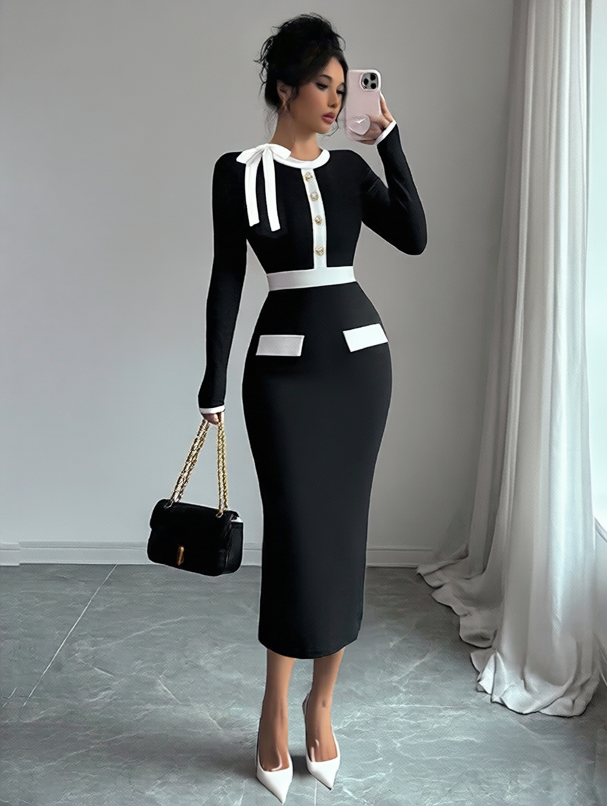 Élise Luxe™ High-Waist Colorblock Midi Dress – Elegant Slim Fit Knit